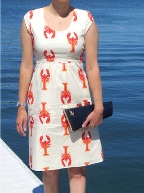 ROCK LOBSTER White Dress with Red Lobster Print A-line small
